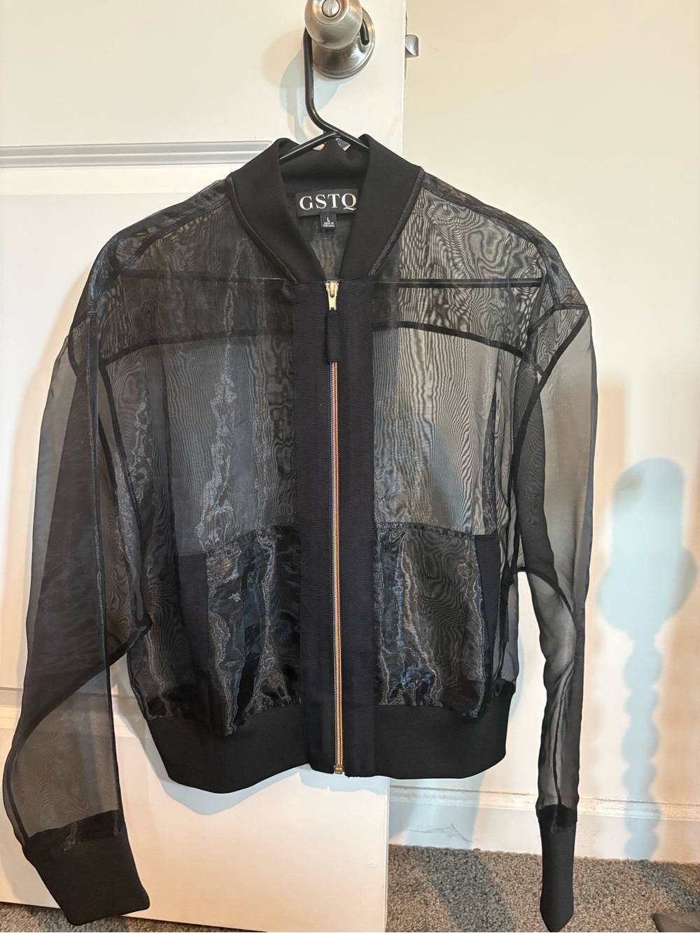 GSTO Black Sheer Mesh Bomber Jacket